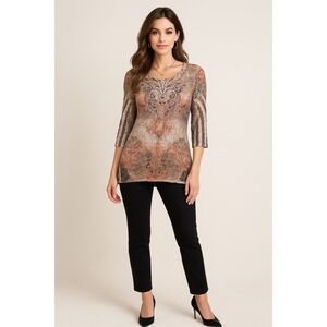 Y2K Cal Style Top Womens 2X Brown Floral Lace Overlay Artsy Rhinestone‎ Tunic